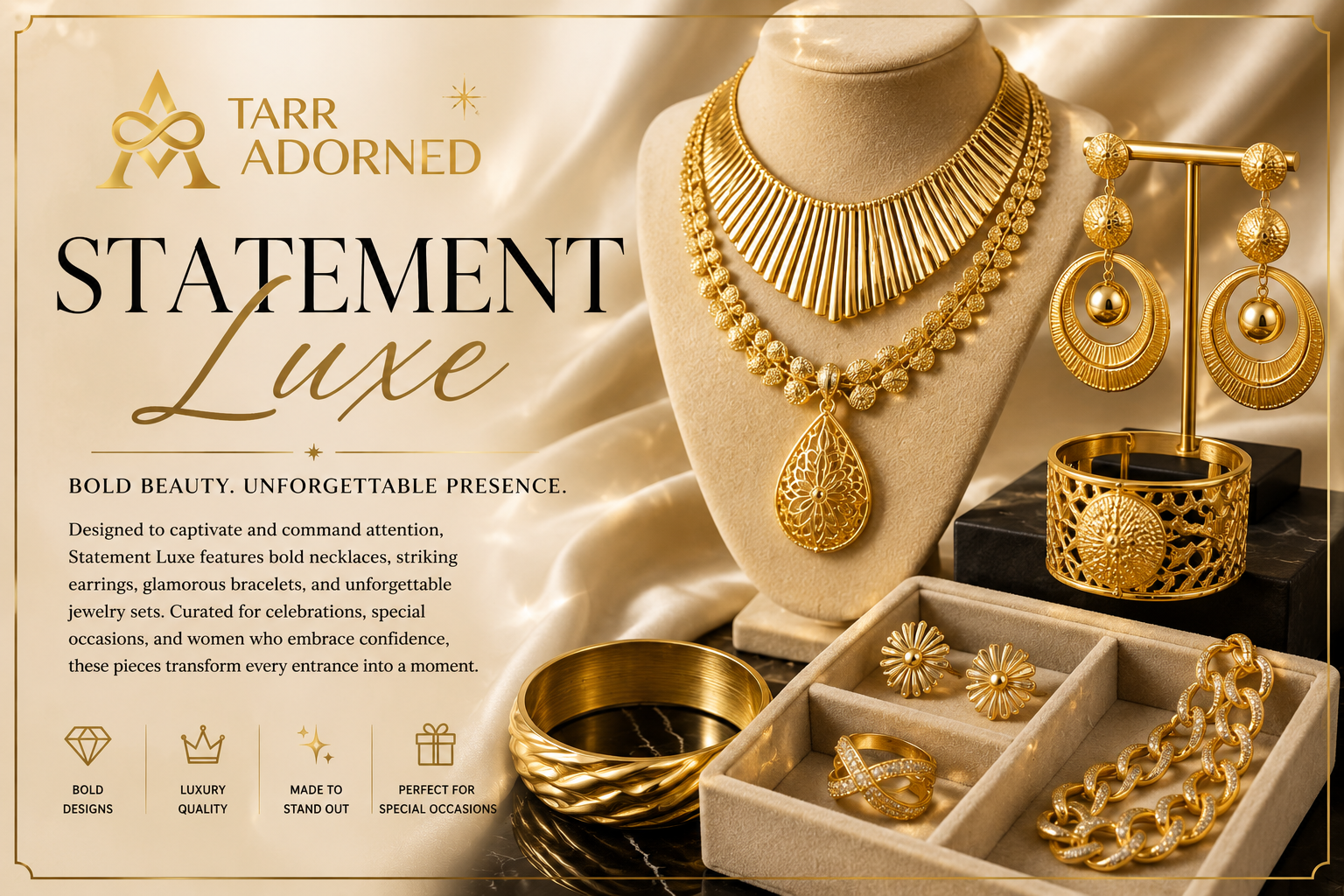 Luxury statement jewelry collection featuring bold gold-inspired necklaces, dramatic earrings, glamorous bracelets, and occasion-ready accessories