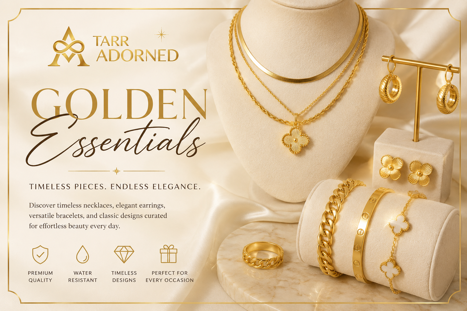Gold-inspired jewelry collection featuring classic necklaces, earrings, bracelets, and everyday luxury accessories