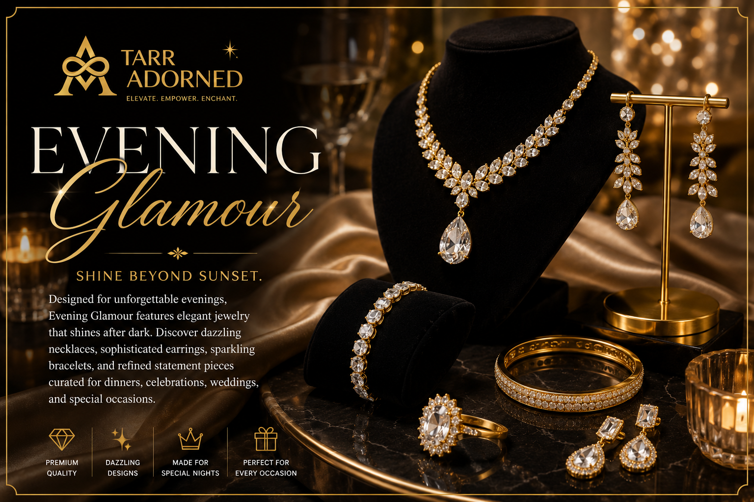 Elegant evening jewelry collection featuring sparkling necklaces, sophisticated earrings, luxurious bracelets, and glamorous accessories for special occasions.
