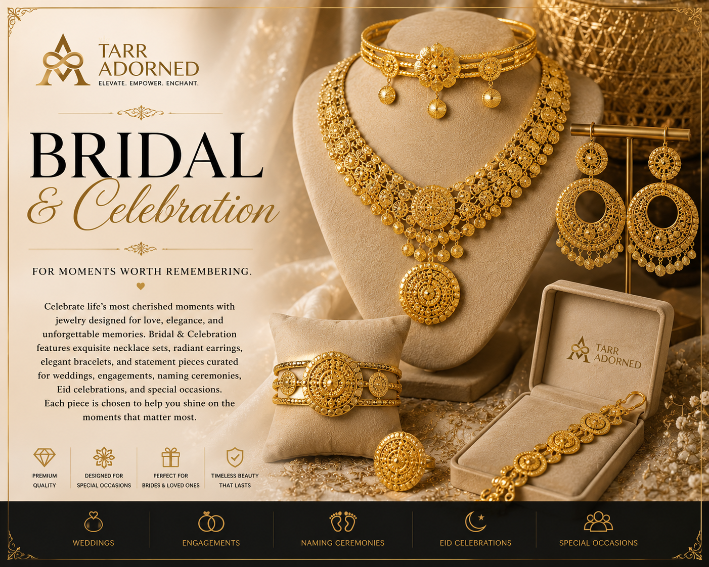 Luxury bridal jewelry collection featuring elegant necklace sets, sparkling earrings, wedding accessories, and celebration-ready statement pieces