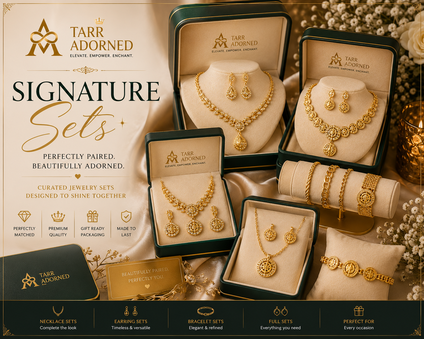 Luxury jewelry sets featuring coordinated necklaces, earrings, bracelets, and matching accessories designed for elegant styling