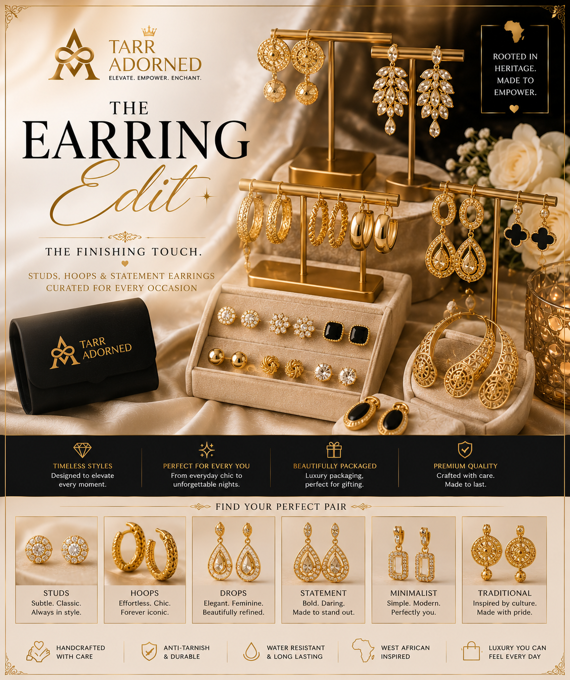 Luxury earring collection featuring elegant studs, statement drops, classic hoops, and gold-inspired earrings for everyday and occasion wear