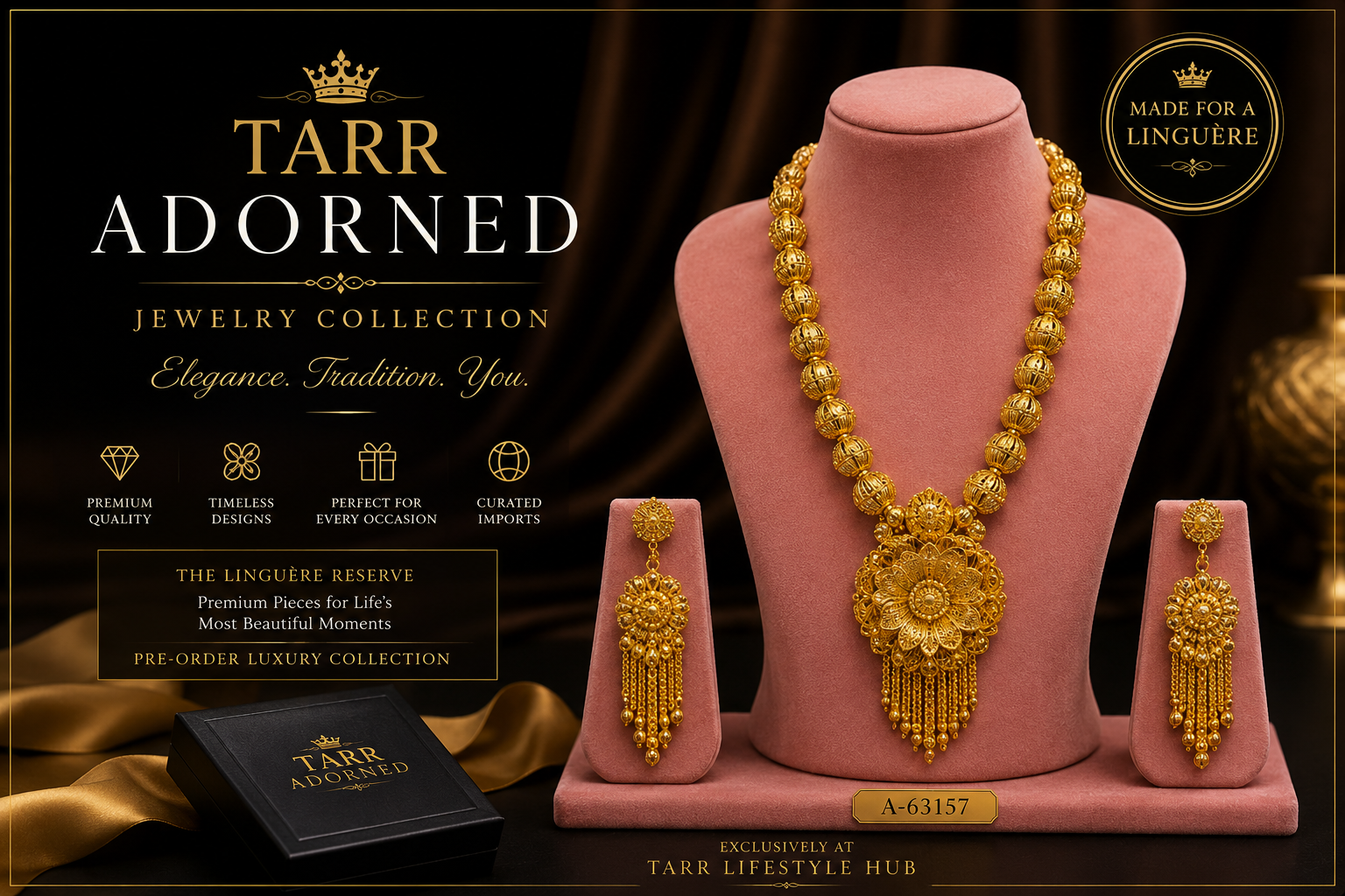 Tarr Adorned luxury jewelry collection featuring gold-plated necklace and matching earrings for weddings, celebrations, and special occasions.