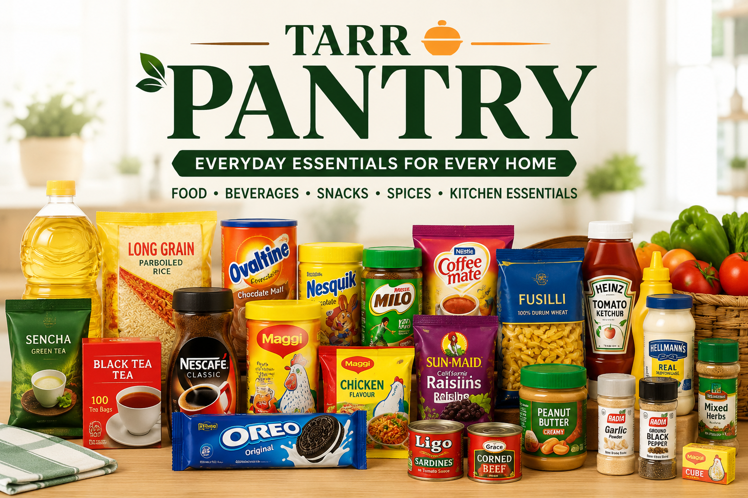 Tarr Pantry food and beverage collection with tea, coffee, rice, pasta, snacks, spices, condiments, and everyday kitchen essentials at Tarr Lifestyle Hub.