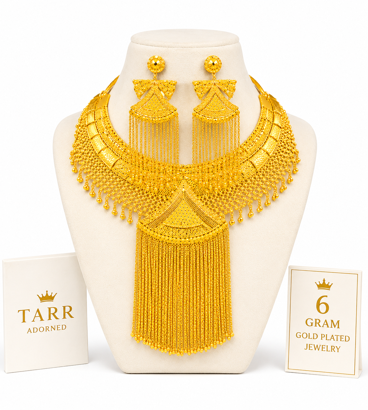 The Linguère Heritage Set featuring a matching 6 Gram Gold necklace, bracelet, earrings, and ring from The Linguère Reserve Collection by Tarr Adorned.